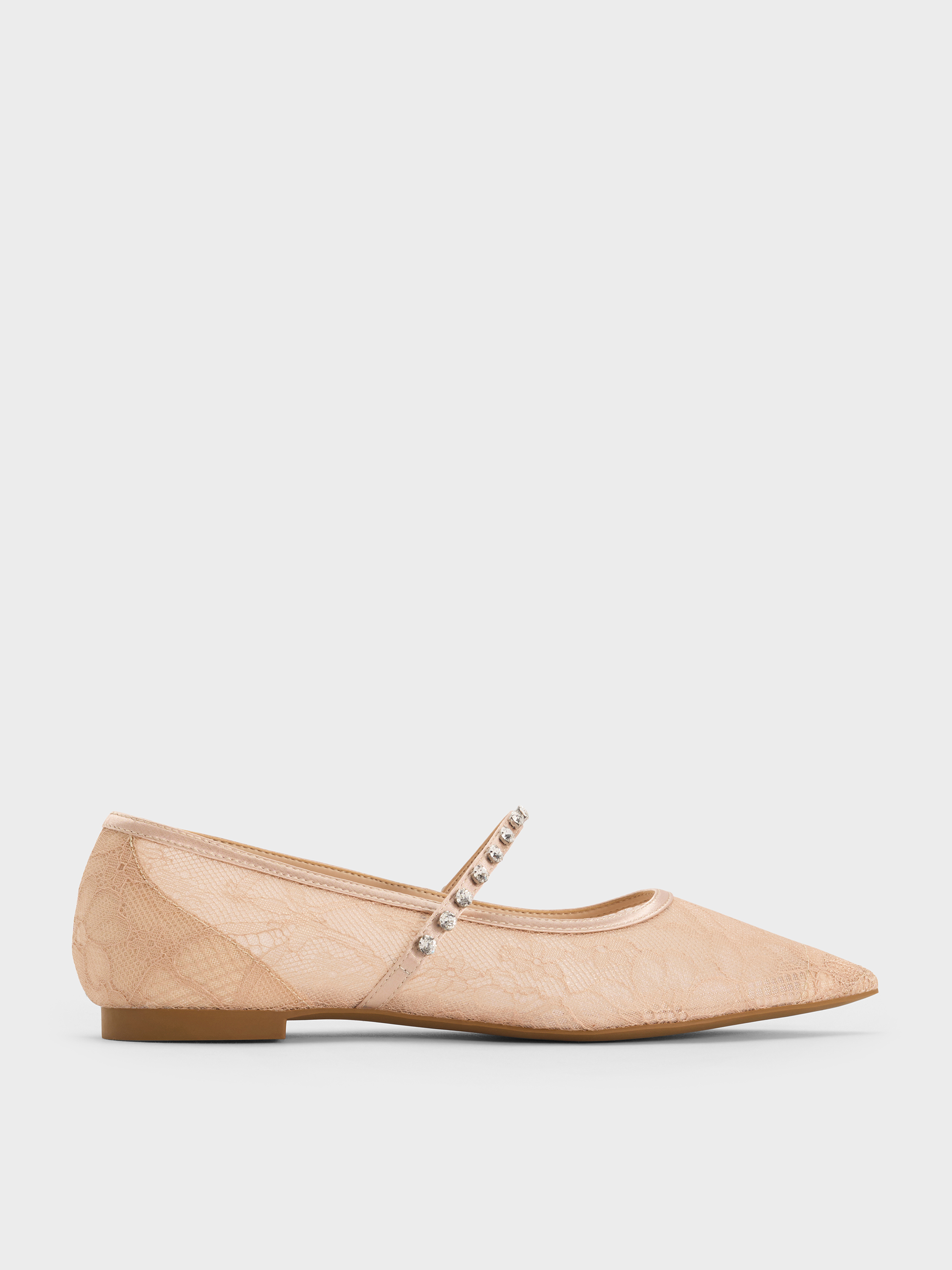 Nude Lace & Satin Crystal Mary Jane Flats - Nude - CHARLES & KEITH IT