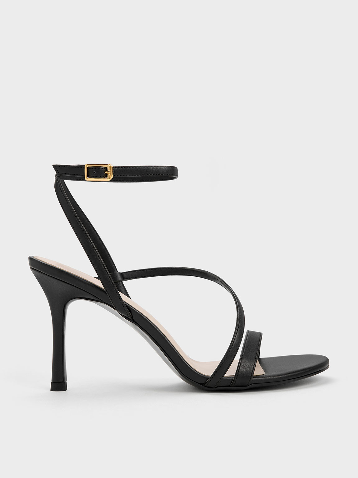 Black Asymmetric Strappy Heeled Sandals - Black - Shoes - CHARLES \u0026 KEITH AT, image size:1152x1536