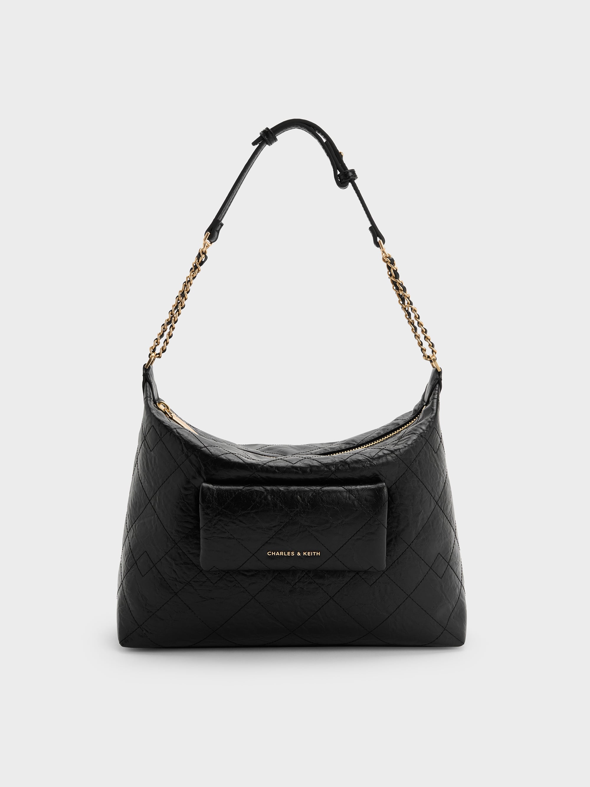 Black Duo Quilted Front-Pocket Hobo Bag - Black - CHARLES & KEITH RO