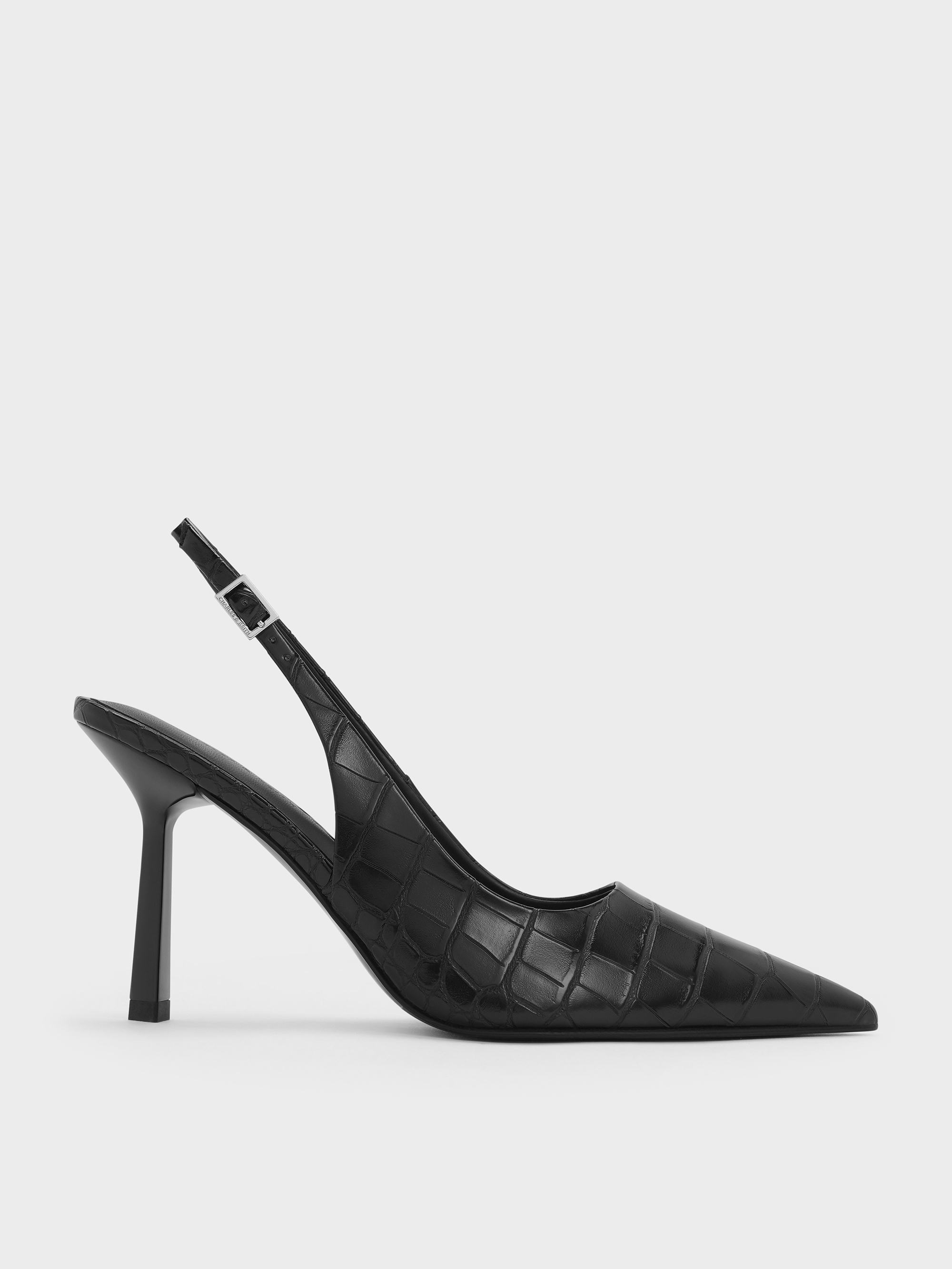 Animal Print Black Croc-Effect Pointed-Toe Slingback Pumps