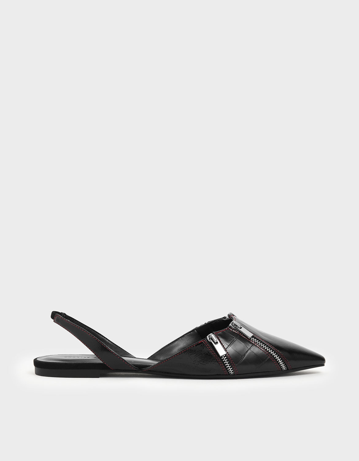 Wrinkled Patent Zip Detail Pointed Toe Slingback Flats