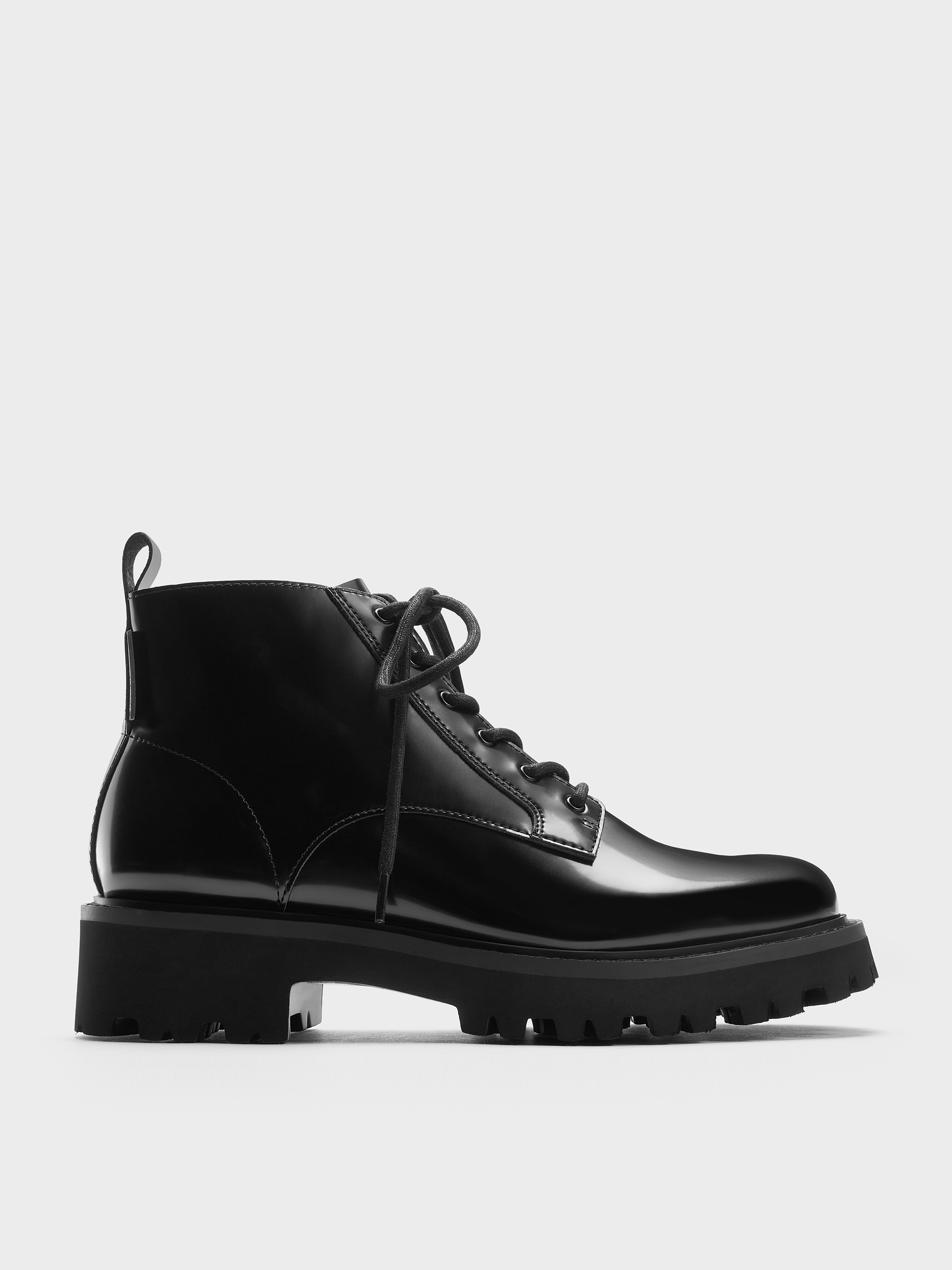 Black Boxed Ridged-Sole Side-Zip Combat Boots - Black Box
