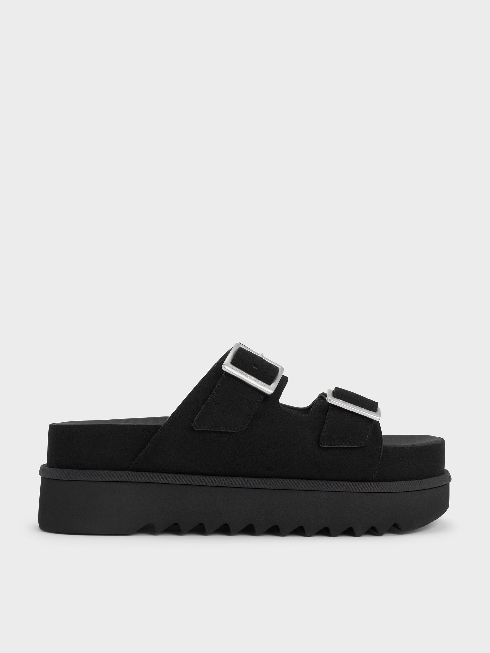 Black Buckled Double-Strap Flatform Sandals - Black - CHARLES