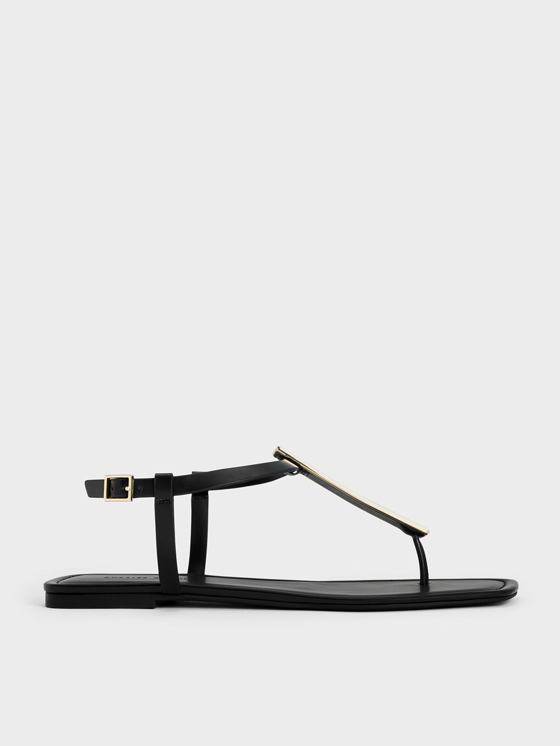 Black Metallic Accent T-Bar Thong Sandals - CHARLES & KEITH IT