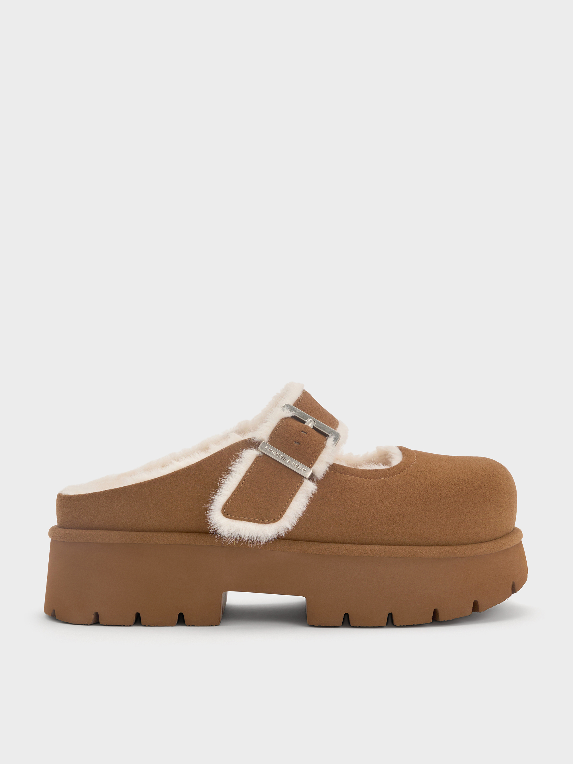 Brown Bergen Textured Fur-Trim Buckled Platform Mules - Brown