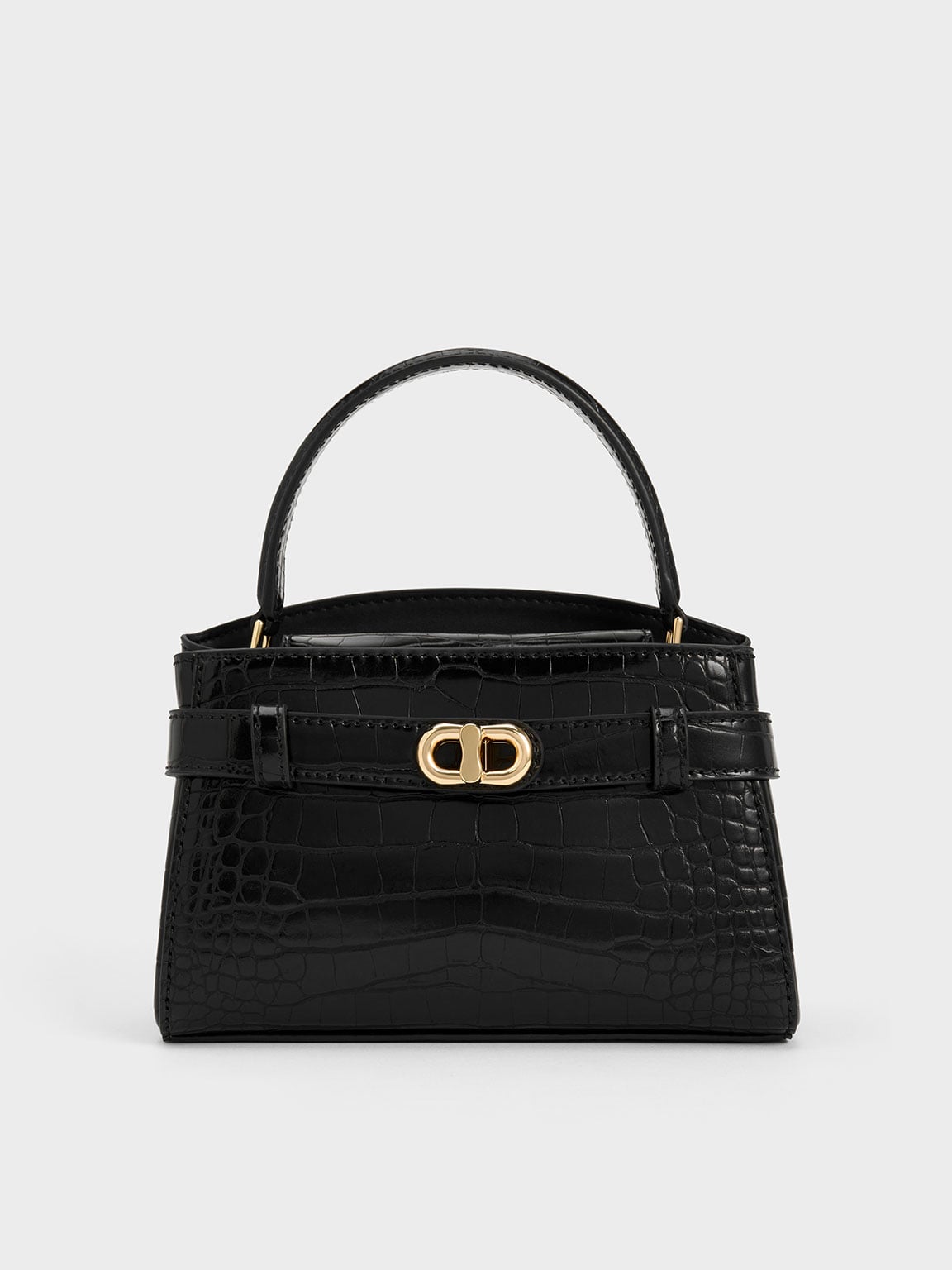 CHARLES&KEITH AlvaQuilted Handle Bag 黒 Black Aubrielle Croc-Effect Belted Top Handle Bag - Black