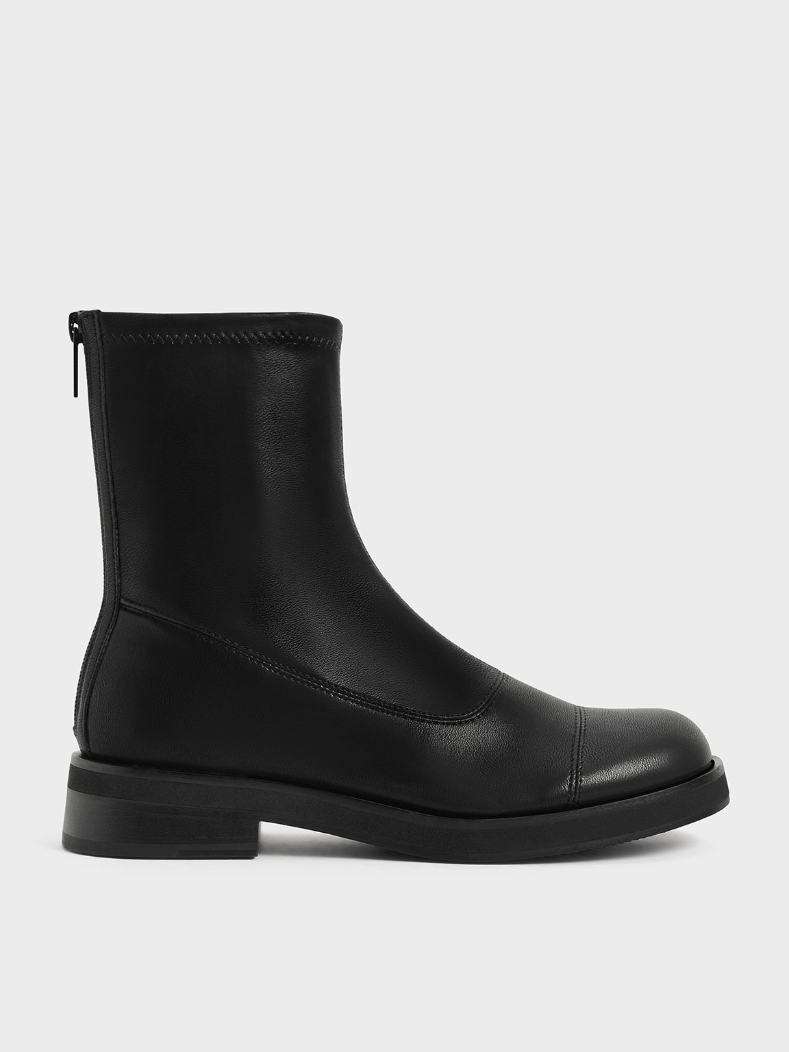 Black Round Toe Zip-Up Ankle Boots | CHARLES &amp; KEITH